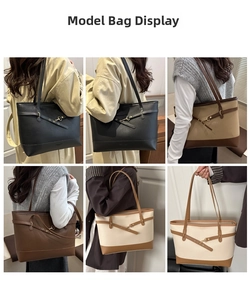 Detail shots showing large faux leather tote bags in various colors for daily commute