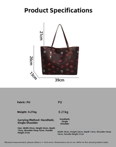 Detailed size specifications for a large capacity tote bag with red lip pattern prints