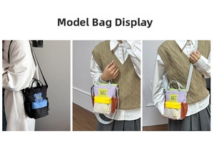 Three-way split view of a colorful crossbody water bottle bag shown on a model