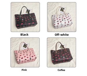 Collage of large floral tote bags in black, off-white, pink and coffee brown colors
