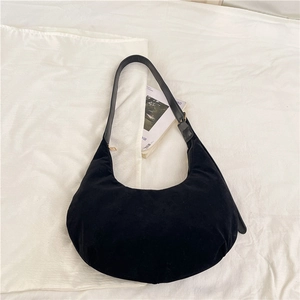Retro black suede hobo bag with gold zipper and stylish rivet accents for women