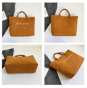 Multi-angle views of a large brown suede tote bag with TOTE BAG lettering and wide base