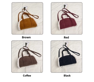 Mini plush-trimmed bowling handbags displayed in brown, red, coffee, and black options