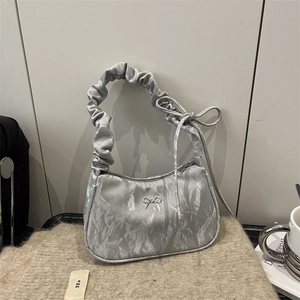 Women Underarm Shoulder Bag Pleated Metallic PU Leather Bow Decor Sweet Fashion Elegant Trendy Cloud Handbag