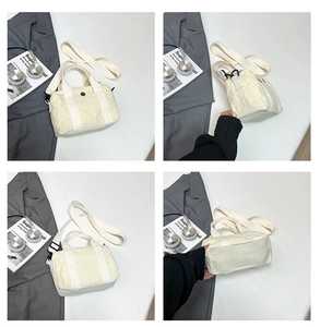 Multi-angle views of beige nylon crossbody bag with adjustable strap and textured finish