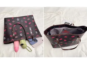 Detail view of large tote bag interior showing spacious main compartment with tablet and items