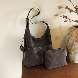 Large Capacity Hobo Shoulder Bag And Pouch PU Leather Retro Commuter Tote With Contrast Stitching For Women