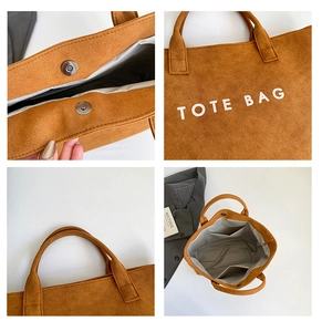 Detail view of suede tote bag showing magnetic closure and interior organizational pockets