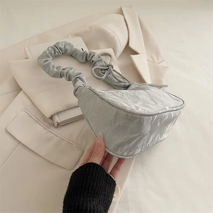 Silver-grey ruched cloud handbag with scrunchie handle and pleated PU leather texture