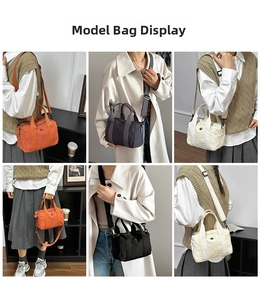Collage of multi-layer nylon crossbody bags in four colors shown on models