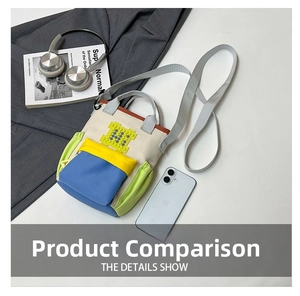 Flat lay of a color-block oxford cloth crossbody bag with grey strap and urban props