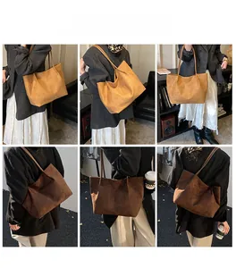 Collage di grandi borse tote in pelle opaca marrone indossate da modella per il lavoro