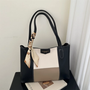 Women Color Block Tote Bag PU Leather Large Capacity Shoulder Bag With Satin Scarf Contrast Stitching Casual Commute