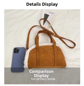 Detail view of brown suede handbag with white faux fur trim and phone for size scale
