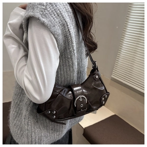 Retro coffee brown leather shoulder bag with wide metal buckle and silver rivets details
