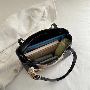 Minimalist color-block leather tote bag with silk scarf and large capacity for daily commute