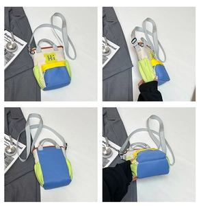 Detailed four-angle view of a durable multi-pocket patchwork crossbody water bottle bag