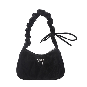 Retro black pleated shoulder bag with bubble strap and silver bow detail