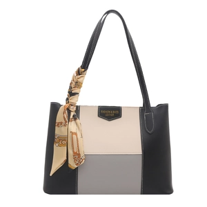 Three-color patchwork tote bag with silk scarf handle and leather fashion label