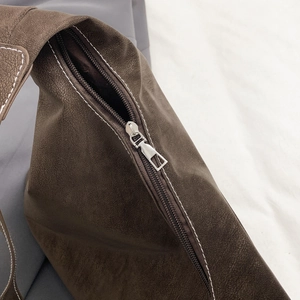 Brown vintage large tote bag with contrast stitching and silver metal zipper detail