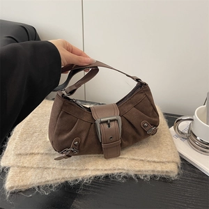 Vintage Motorcycle Underarm Bag Ruched Faux Suede PU Leather Shoulder Handbag Metal Buckle Y2K Retro Commuter For Women