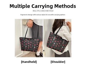 Detailed comparison of black tote bag with red lip print in hand-held and shoulder styles