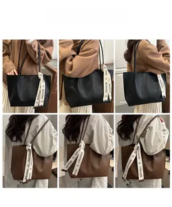 Collage che mostra borse tote nere e marroni con nastri moda da diverse angolazioni