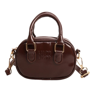 Vintage coffee brown patent leather mini Boston bag with embossed logo and gold hardware