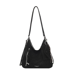 Black faux suede hobo bucket bag with silver zipper and mini envelope pendant accessory