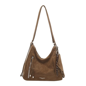 Retro brown oversized faux suede tote bag with metal zippers and mini hanging pouch