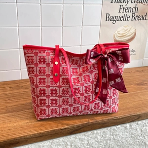 Sac Fourre-Tout En Toile Pour Femmes Style Chinois Motif Double Bonheur Grande Capacité Sac À Main Mariage Avec Nœud