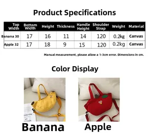 Guide des tailles détaillé pour les sacs à bandoulière en toile avec mesures banane et pomme