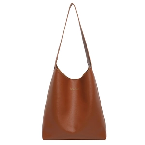 Minimalist caramel brown leather tote bag with gold fashion lettering on white background