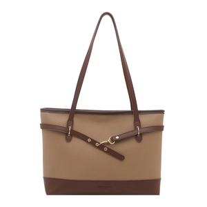 Contrast color large tote bag with khaki textured leather and dark brown handles