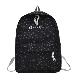 Black corduroy backpack for girls with gray heart patterns and GHJIG letter embroidery