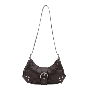 Dark brown high-gloss crescent shoulder bag with silver ring buckle and rivet accents