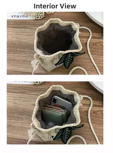 Straw bucket bag internal view showing capacity for phone, wallet and cosmetics