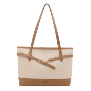 Minimalist two-tone tote bag with lychee pattern and decorative metal buckle strap