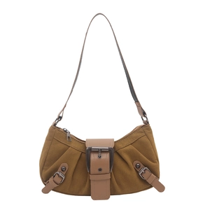 Vintage khaki suede shoulder bag with pleated design and large bronze buckle detail