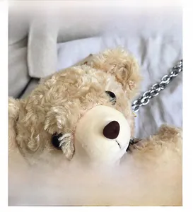 Detail view of teddy bear plush bag featuring curly faux fur and a studded leather collar