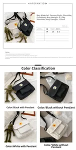Size chart for canvas crossbody bag with daisy embroidery and strap dimensions