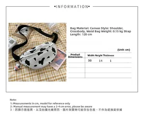 Size chart showing 30x14x1cm dimensions for the cow print canvas waist bag