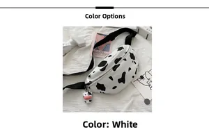 Detail of canvas waist bag with cow print pattern and cute cow plush pendant accessory