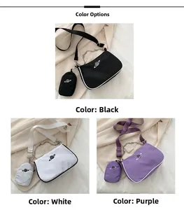 Close-up of nylon crossbody bag set with chain strap and small round pouch attachment