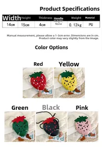 Size chart showing 14x15x4cm dimensions and five colors of strawberry girls crossbody bags