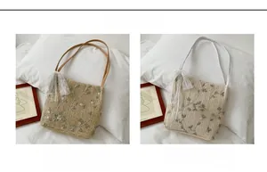 Detailed embroidery floral pattern and lace bow on khaki and white woven straw tote bags