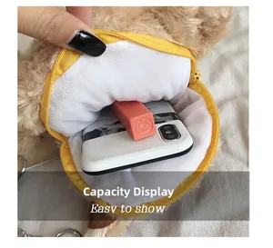 Detail view of plush bear bag capacity showing zipper and white fabric lining