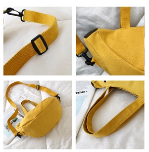 Vue détaillée du sac en toile jaune montrant les bretelles réglables et les coutures