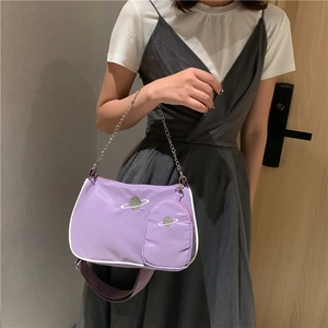 Lavender nylon baguette bag with silver chain and matching round coin purse detail
