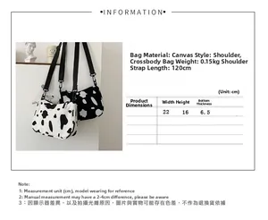 Tabella taglie borsa in tela maculata con dimensioni 22x16x6,5cm e specifiche tecniche